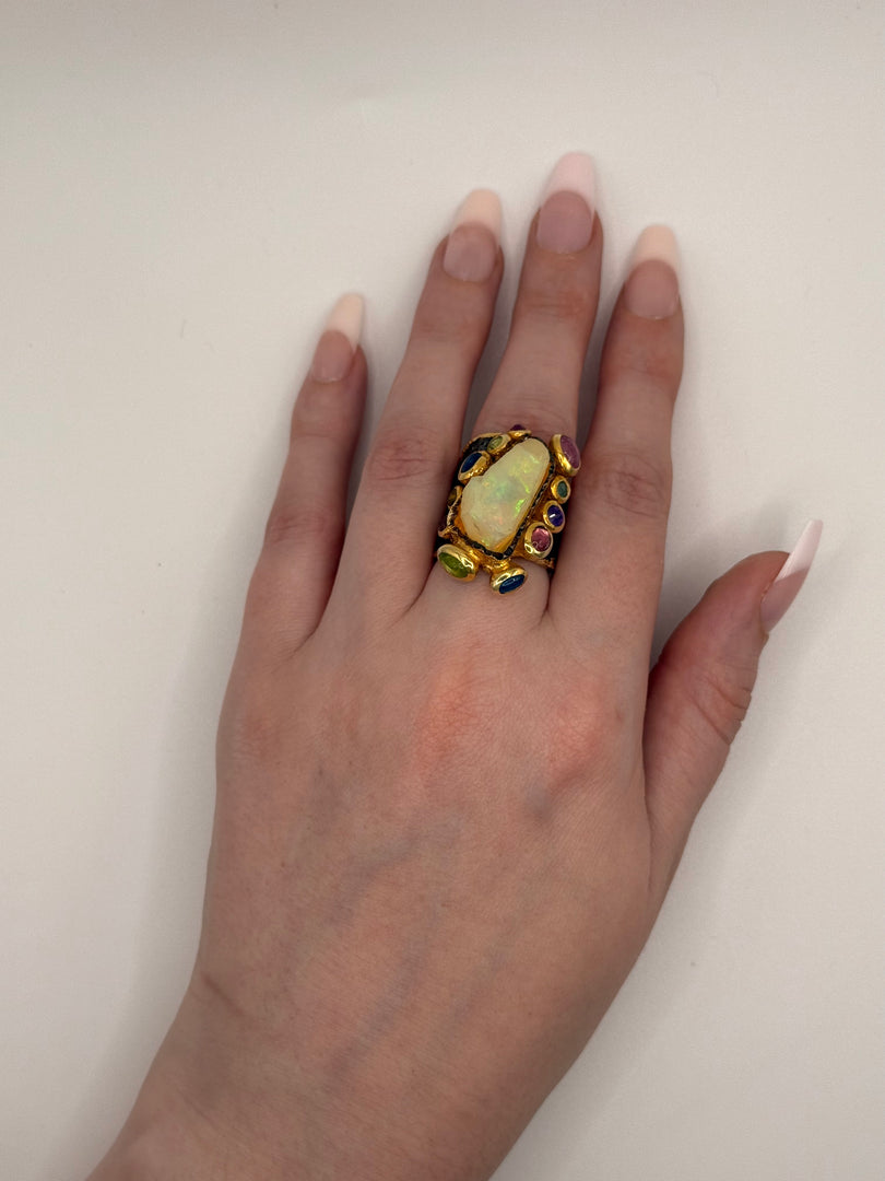 Fire Opal w Amethyst, Pink & Blue Sapphire & Green Tourmaline