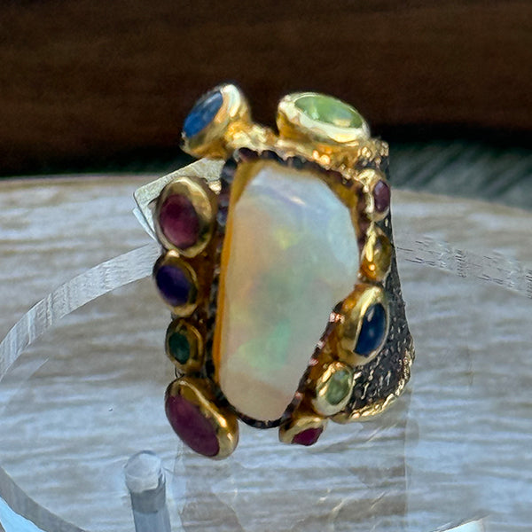Fire Opal w Amethyst, Pink & Blue Sapphire & Green Tourmaline