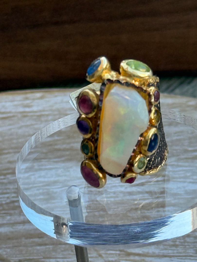 Fire Opal w Amethyst, Pink & Blue Sapphire & Green Tourmaline